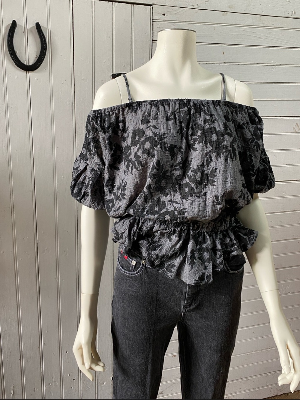 Free People Off-Shoulder Floral Blouson Top in Charcoal Black